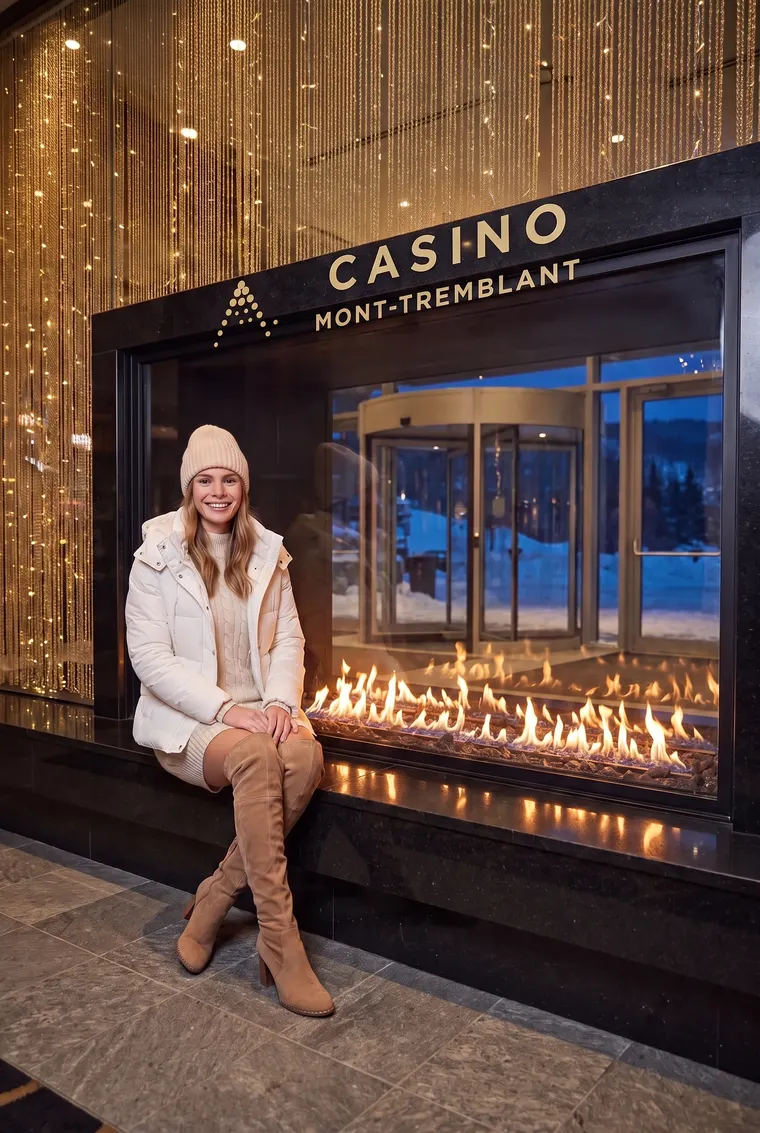 Jeune femme près du foyer à l'entrée du casino
